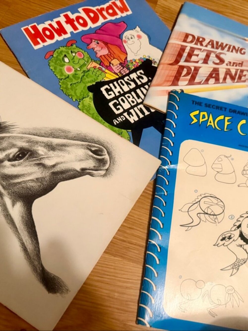 Lot of 4 Vintage How to Draw Books Horses Witches Jets Planes Space Creatures